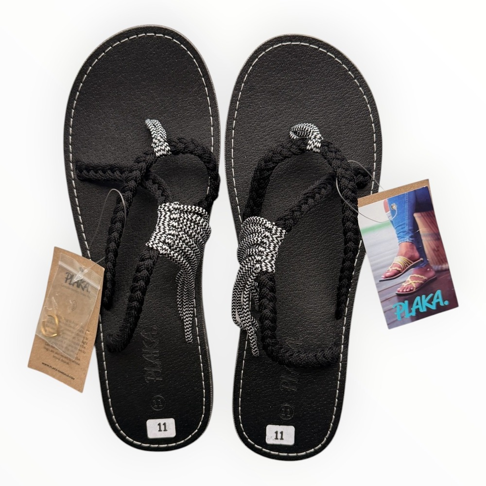 NWT Plaka Black Braided Rope Beach Sandals Women's Size 11 Comfort Flip Flops
